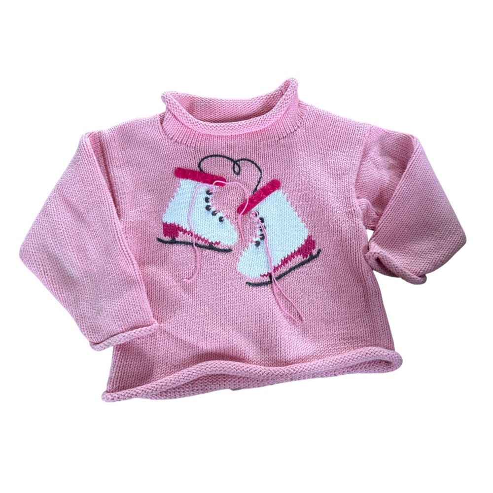 Claver pink rolled neck knit ice skates embroidered youth sweater